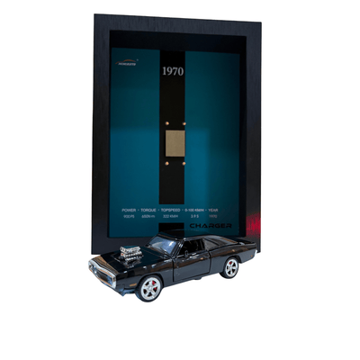 1970 Dodge Charger 1:32 Diecast Model with 3D Wooden Display Frame — Midnight Black | MiniAuto | Collector Gift Set