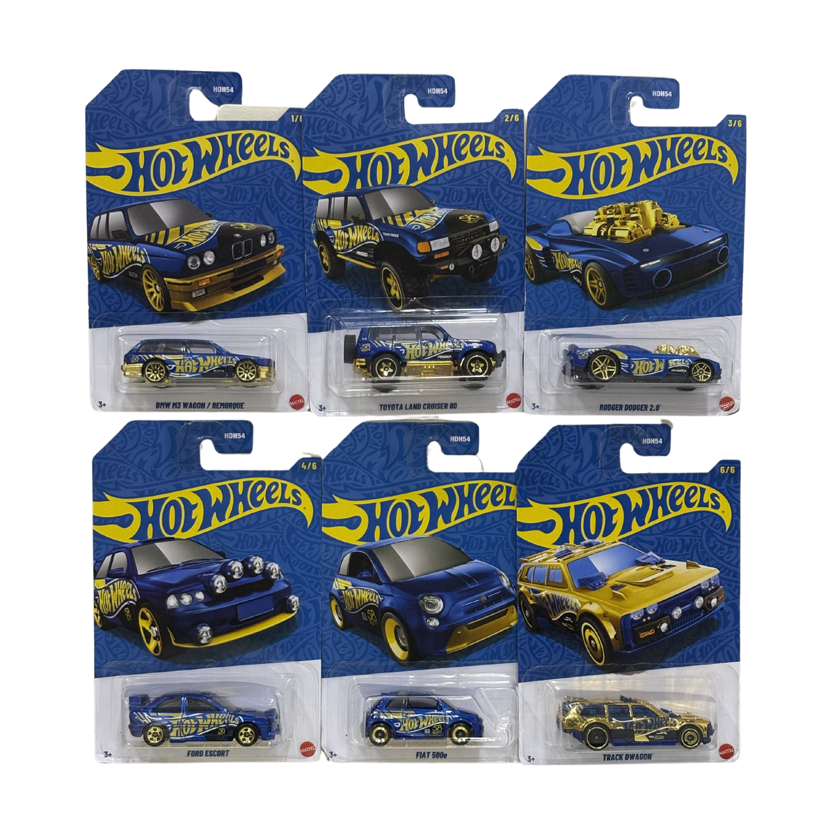 Hot Wheels Anniversary Edition Complete Set 6/6 — Blue & Gold Series | HDH54 | BMW M3, Land Cruiser, Fiat 500e & More | Sealed Cards